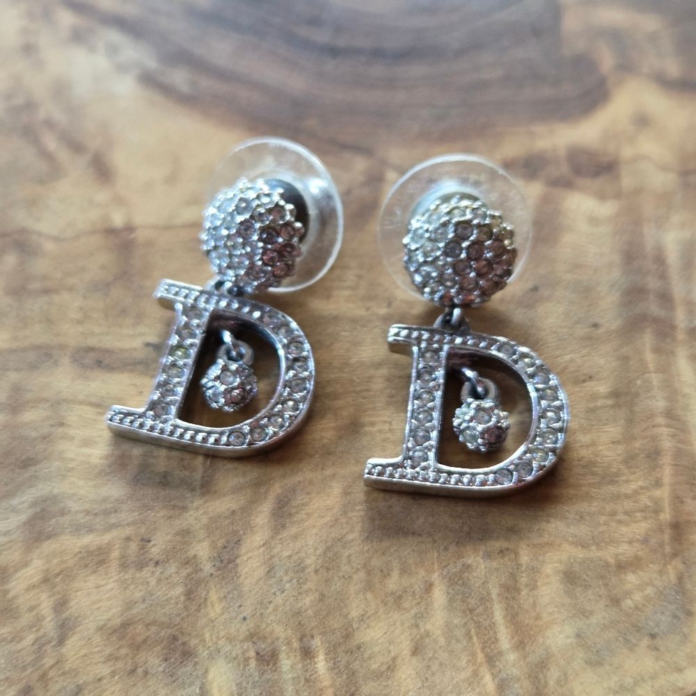 Vintage Y2K Dior Crystal D Embellished Drop Dangle Pierced Ears Earrings Silver - Picture 2 of 8